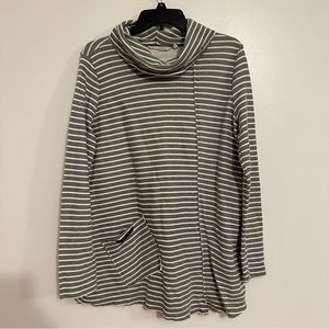 Soft Surroundings Grey and White Striped Cowl Neck Shirt Size Large Long Sleeve
